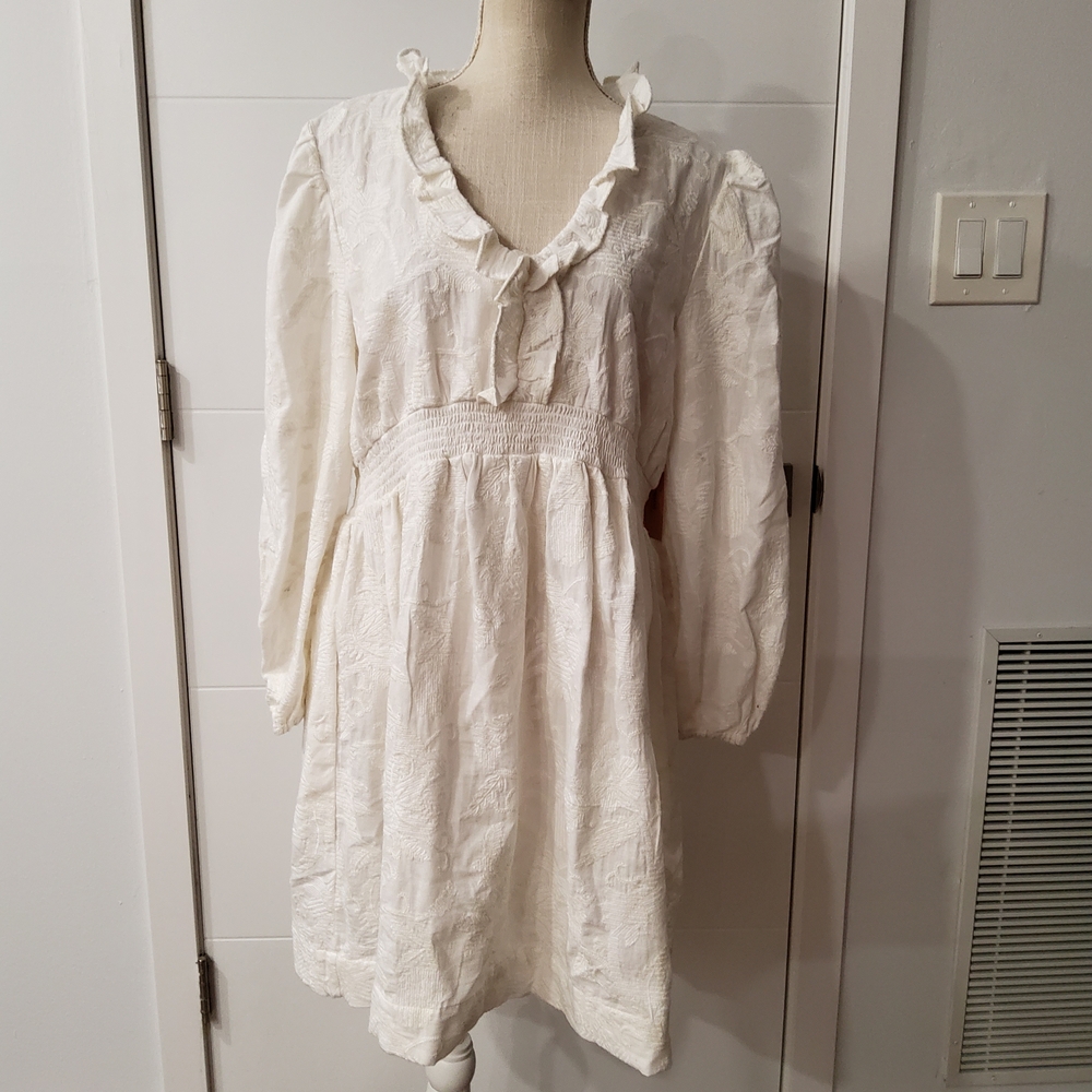 Abigail Zwaans White Embroidered Ruffled Long Sleeve Dress Size M